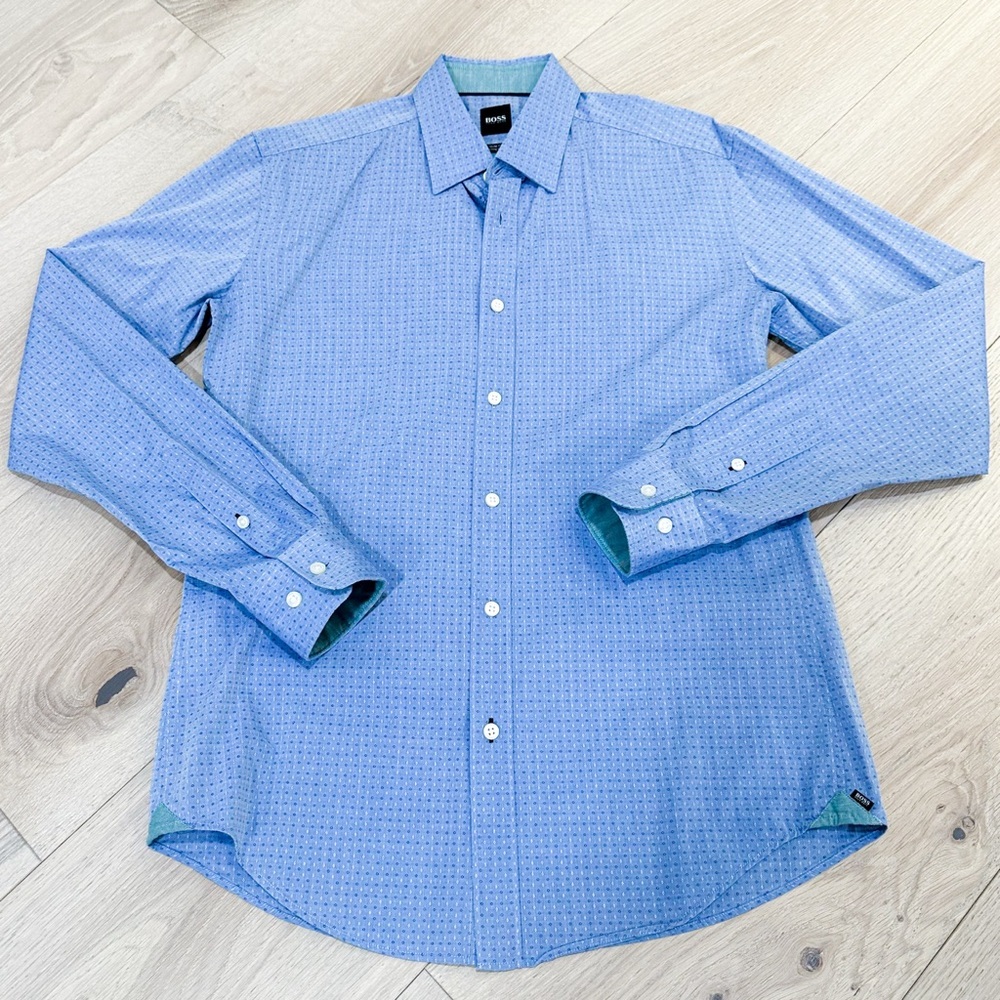 NWOT BOSS Blue Patterned Slim Fit Dress Shirt M​
